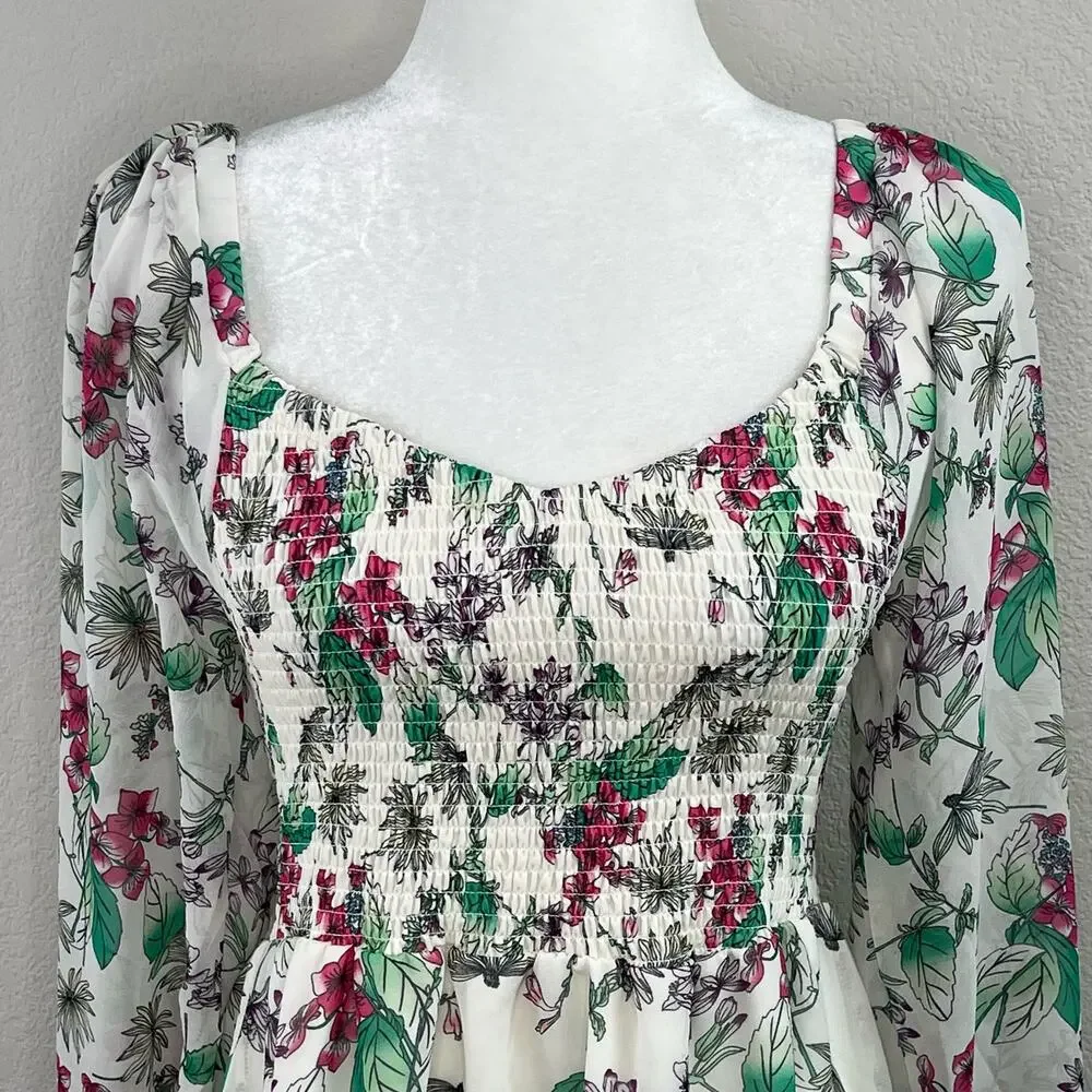 Steve Madden Floral Chiffon Smocked Mini Dress M GardenCore Romantic Whimsigoth